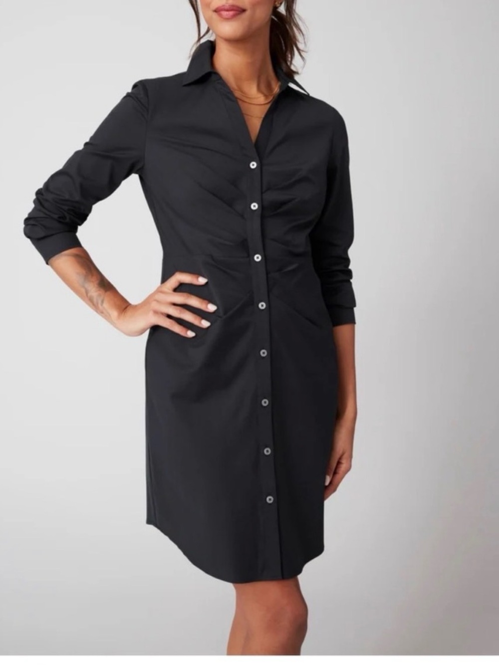 UNTUCKit Black Ruched Button Down Mini Dress